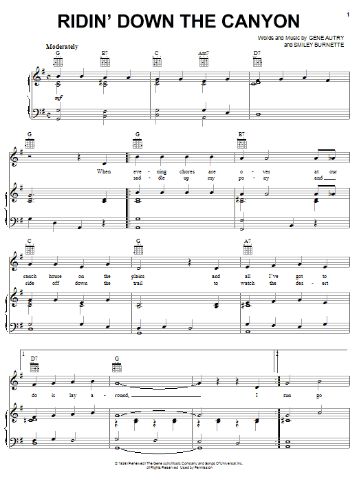 Learn to play Gene Autry Ridin' Down The Canyon sheet music for Piano, Vocal & Guitar Chords (Right-Hand Melody) in minutes. Price: 7.8900$ Gene Autry Ridin' Down The Canyon sheet music notes and chords arranged for Piano, Vocal & Guitar Chords (Right-Hand Melody)
