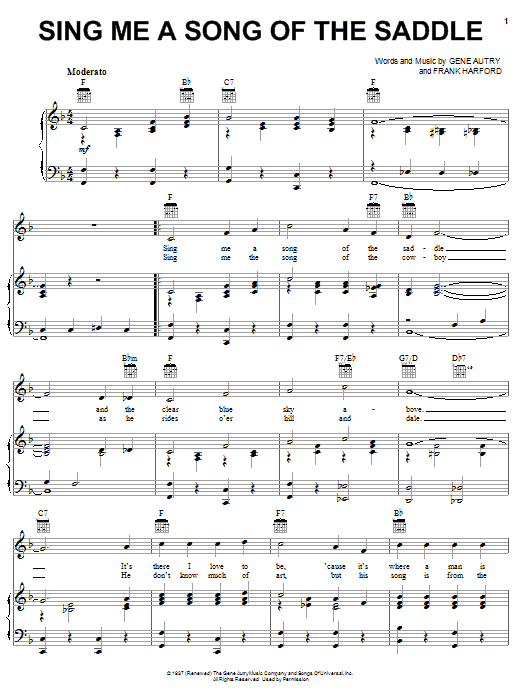 Learn to play Gene Autry Sing Me A Song Of The Saddle sheet music for Piano, Vocal & Guitar Chords (Right-Hand Melody) in minutes. Price: 7.8900$ Gene Autry Sing Me A Song Of The Saddle sheet music notes and chords arranged for Piano, Vocal & Guitar Chords (Right-Hand Melody)