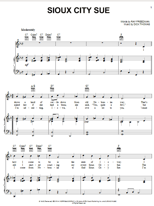 Gene Autry Sioux City Sue sheet music notes and chords arranged for Piano, Vocal & Guitar Chords (Right-Hand Melody)