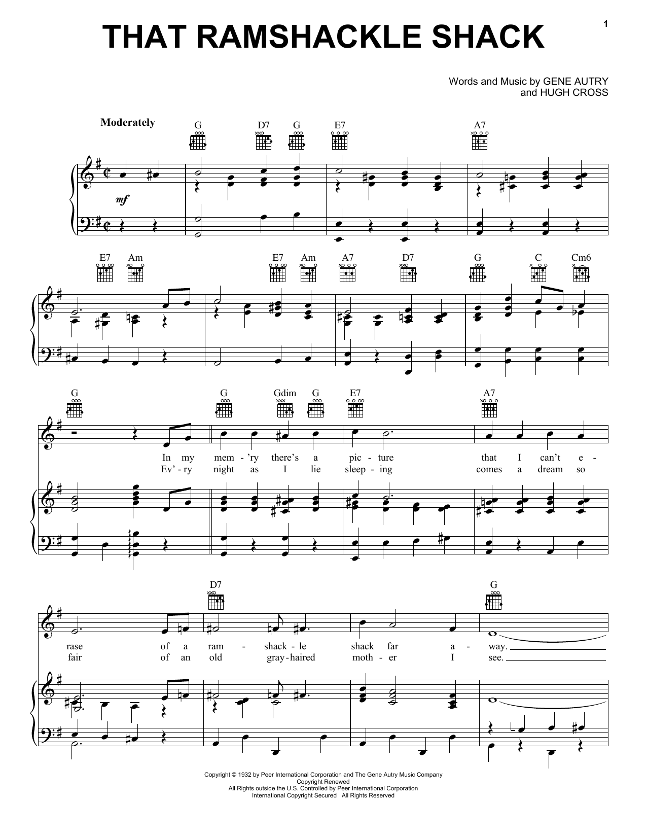 Learn to play Gene Autry That Ramshackle Shack sheet music for Piano, Vocal & Guitar Chords (Right-Hand Melody) in minutes. Price: 7.8900$ Gene Autry That Ramshackle Shack sheet music notes and chords arranged for Piano, Vocal & Guitar Chords (Right-Hand Melody)