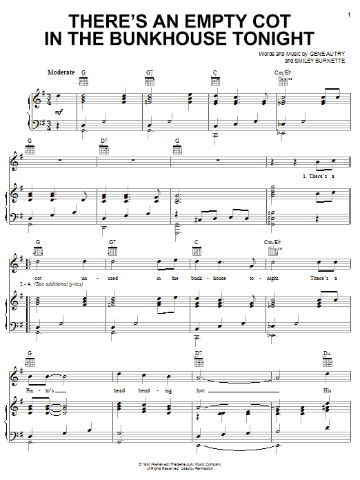 Learn to play Gene Autry There's An Empty Cot In The Bunkhouse Tonight sheet music for Ukulele in minutes. Price: 5.9900$ Gene Autry There's An Empty Cot In The Bunkhouse Tonight sheet music notes and chords arranged for Ukulele