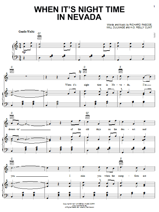 Learn to play Gene Autry When It's Night Time In Nevada sheet music for Piano, Vocal & Guitar Chords (Right-Hand Melody) in minutes. Price: 7.8900$ Gene Autry When It's Night Time In Nevada sheet music notes and chords arranged for Piano, Vocal & Guitar Chords (Right-Hand Melody)