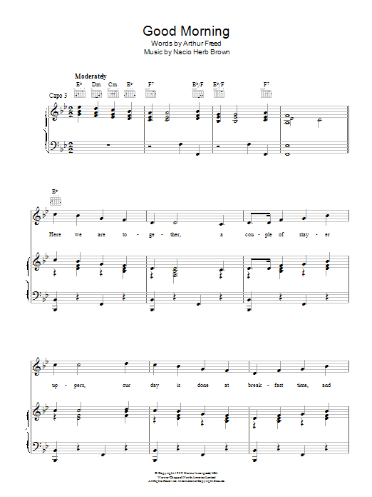 Learn to play Gene Kelly Good Morning sheet music for Piano, Vocal & Guitar Chords in minutes. Price: 7.8900$ Gene Kelly Good Morning sheet music notes and chords arranged for Piano, Vocal & Guitar Chords
