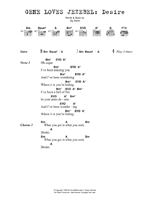 Learn to play Gene Loves Jezebel Desire sheet music for Guitar Chords/Lyrics in minutes. Price: 4.4900$ Gene Loves Jezebel Desire sheet music notes and chords arranged for Guitar Chords/Lyrics