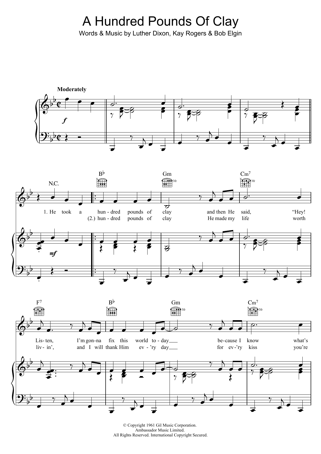 Learn to play Gene McDaniels A Hundred Pounds Of Clay sheet music for Piano, Vocal & Guitar Chords in minutes. Price: 7.8900$ Gene McDaniels A Hundred Pounds Of Clay sheet music notes and chords arranged for Piano, Vocal & Guitar Chords