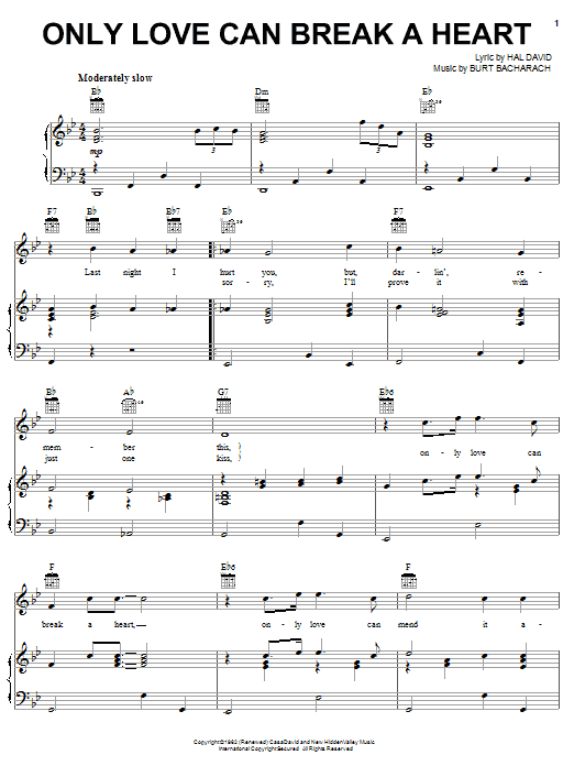 Gene Pitney Only Love Can Break A Heart sheet music notes and chords arranged for Piano, Vocal & Guitar Chords (Right-Hand Melody)