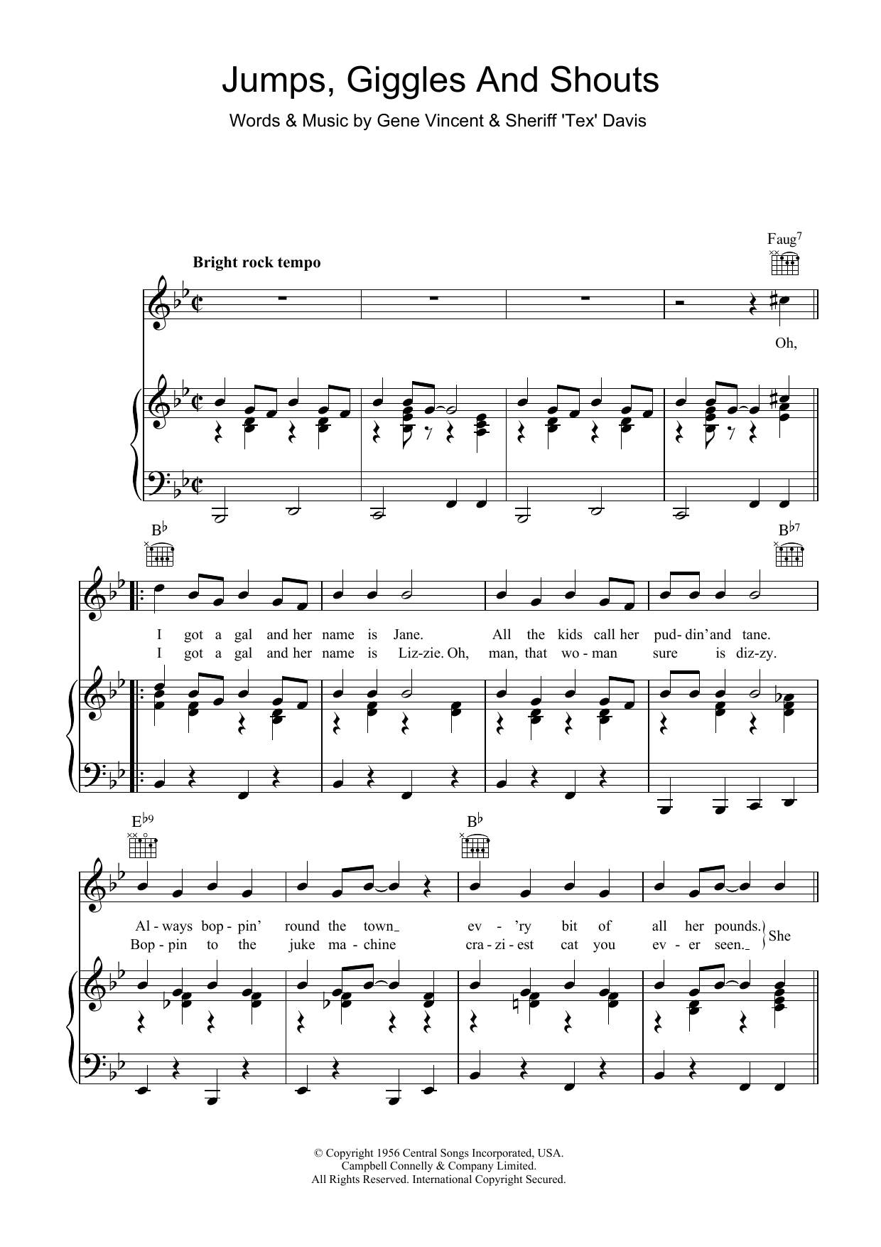 Learn to play Gene Vincent Jumps, Giggles & Shouts sheet music for Piano, Vocal & Guitar Chords in minutes. Price: 7.8900$ Gene Vincent Jumps, Giggles & Shouts sheet music notes and chords arranged for Piano, Vocal & Guitar Chords