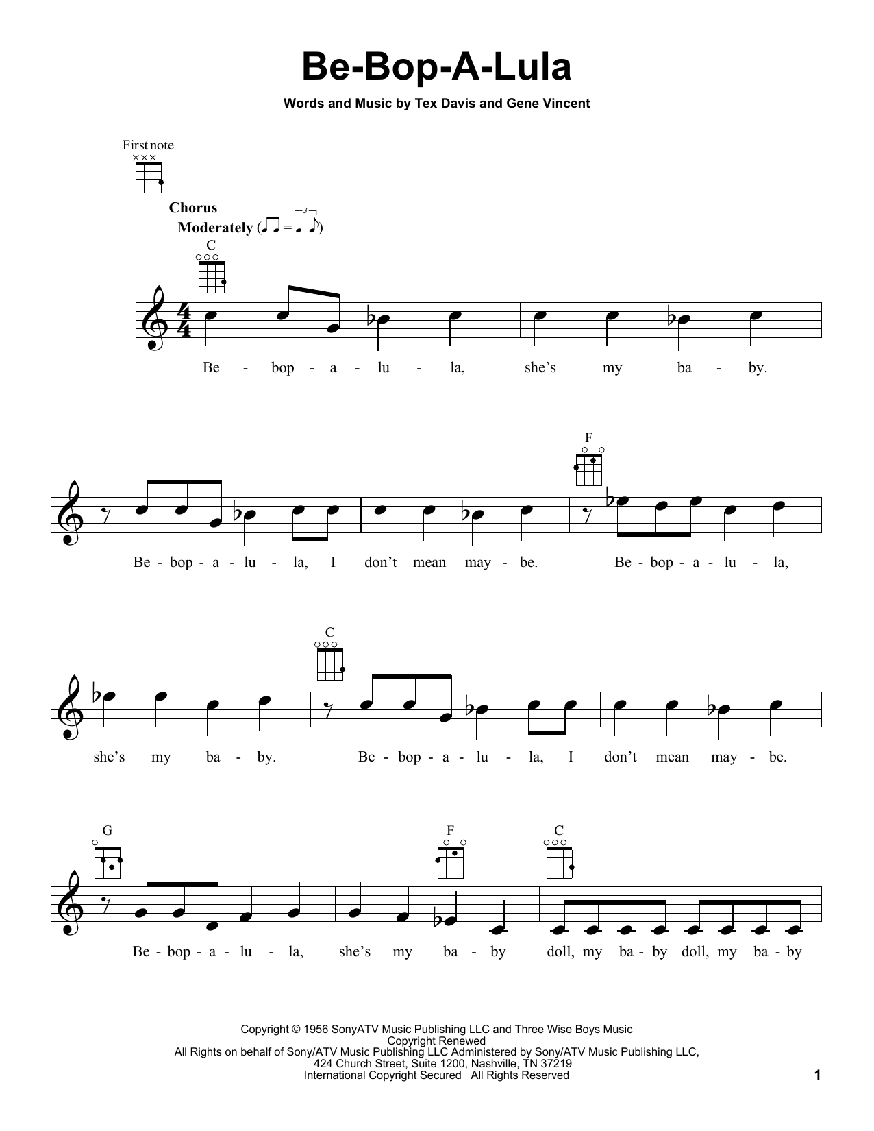 Learn to play Gene Vincent & Tex Davis Be-Bop-A-Lula sheet music for Ukulele in minutes. Price: 5.9900$ Gene Vincent & Tex Davis Be-Bop-A-Lula sheet music notes and chords arranged for Ukulele