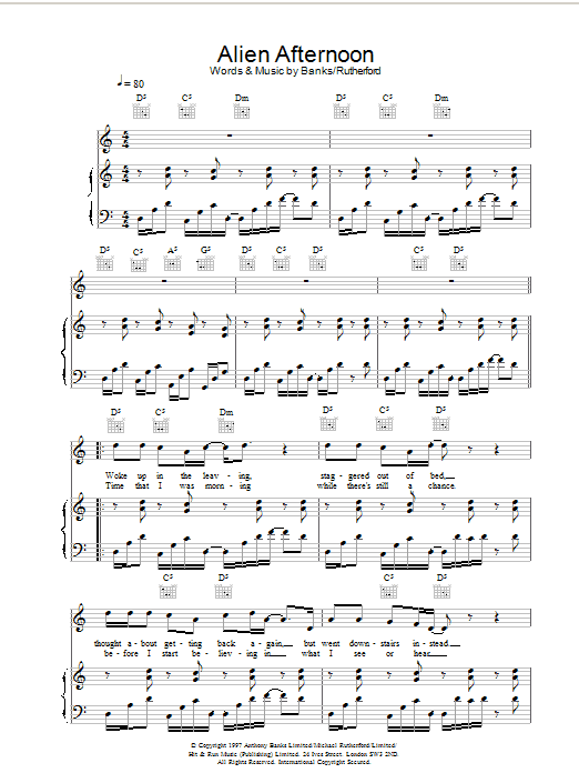 Learn to play Genesis Alien Afternoon sheet music for Piano, Vocal & Guitar Chords in minutes. Price: 7.8900$ Genesis Alien Afternoon sheet music notes and chords arranged for Piano, Vocal & Guitar Chords