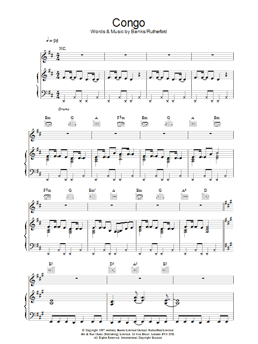 Learn to play Genesis Congo sheet music for Piano, Vocal & Guitar Chords in minutes. Price: 7.8900$ Genesis Congo sheet music notes and chords arranged for Piano, Vocal & Guitar Chords