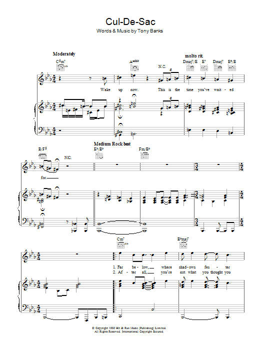 Learn to play Genesis Cul-De-Sac sheet music for Piano, Vocal & Guitar Chords in minutes. Price: 7.8900$ Genesis Cul-De-Sac sheet music notes and chords arranged for Piano, Vocal & Guitar Chords