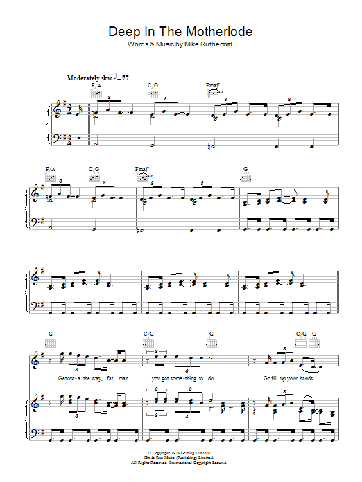 Learn to play Genesis Deep In The Motherlode sheet music for Piano, Vocal & Guitar Chords in minutes. Price: 7.8900$ Genesis Deep In The Motherlode sheet music notes and chords arranged for Piano, Vocal & Guitar Chords
