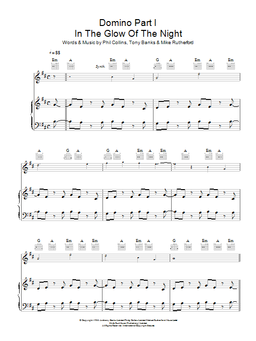 Learn to play Genesis Domino Part 1: In The Glow Of The Night sheet music for Piano, Vocal & Guitar Chords in minutes. Price: 7.8900$ Genesis Domino Part 1: In The Glow Of The Night sheet music notes and chords arranged for Piano, Vocal & Guitar Chords