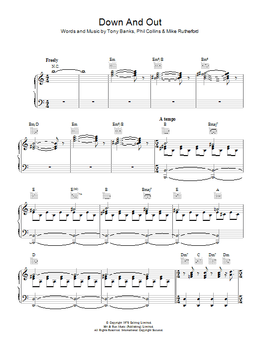 Genesis Down And Out sheet music notes and chords. Download Printable PDF.