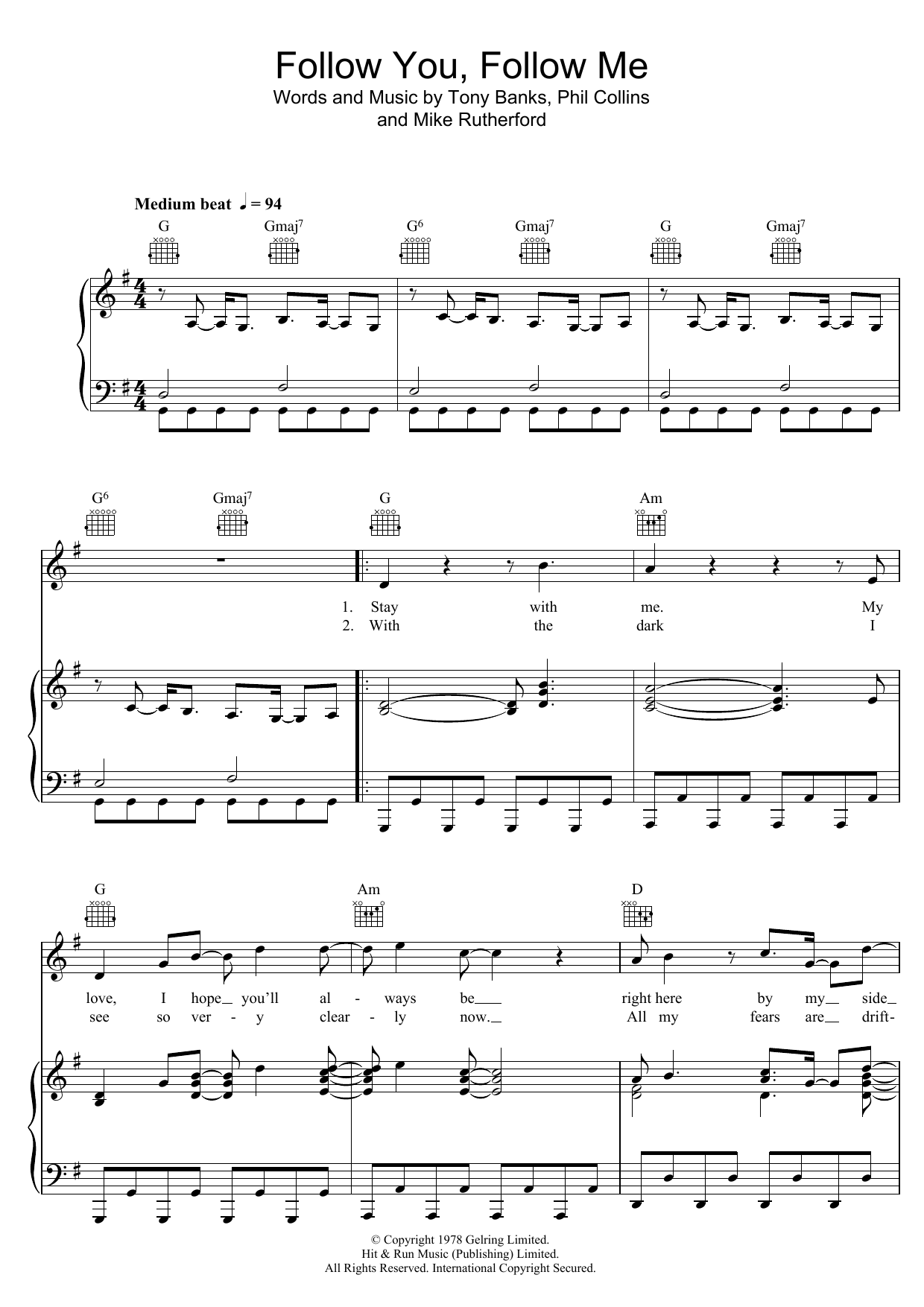 Genesis Follow You, Follow Me sheet music notes and chords. Download Printable PDF.