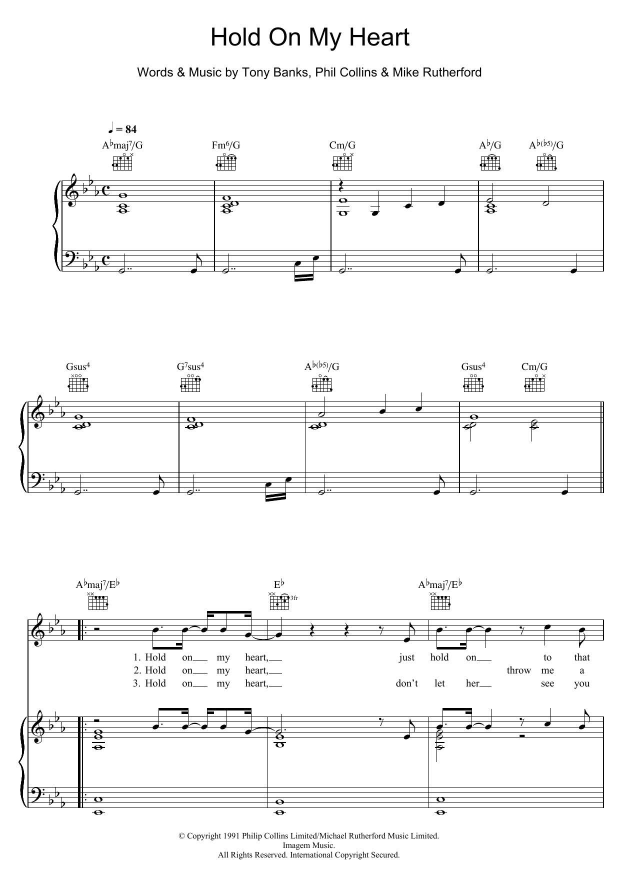 Genesis Hold On My Heart sheet music notes and chords. Download Printable PDF.