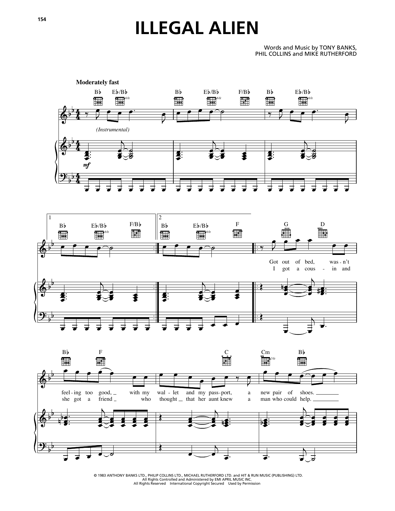 Learn to play Genesis Illegal Alien sheet music for Piano, Vocal & Guitar Chords (Right-Hand Melody) in minutes. Price: 7.8900$ Genesis Illegal Alien sheet music notes and chords arranged for Piano, Vocal & Guitar Chords (Right-Hand Melody)