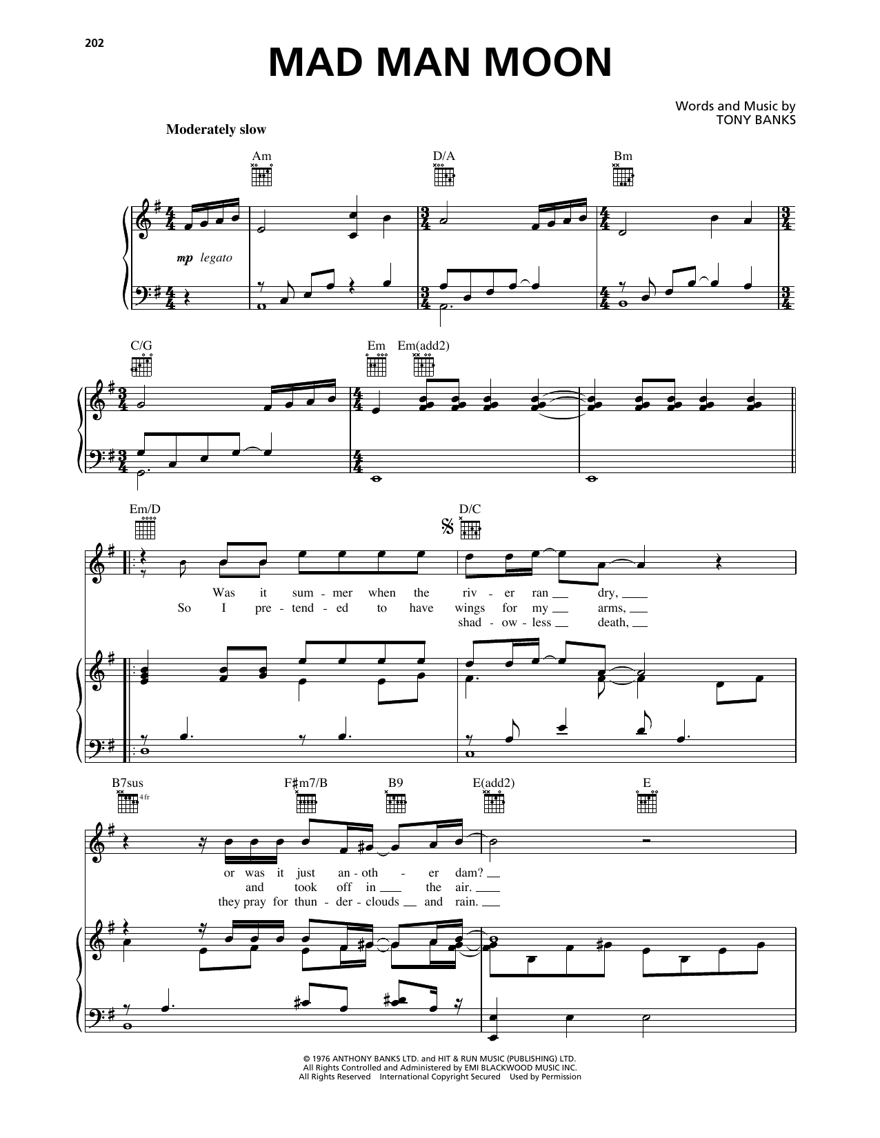 Genesis Mad Man Moon sheet music notes and chords arranged for Piano, Vocal & Guitar Chords (Right-Hand Melody)