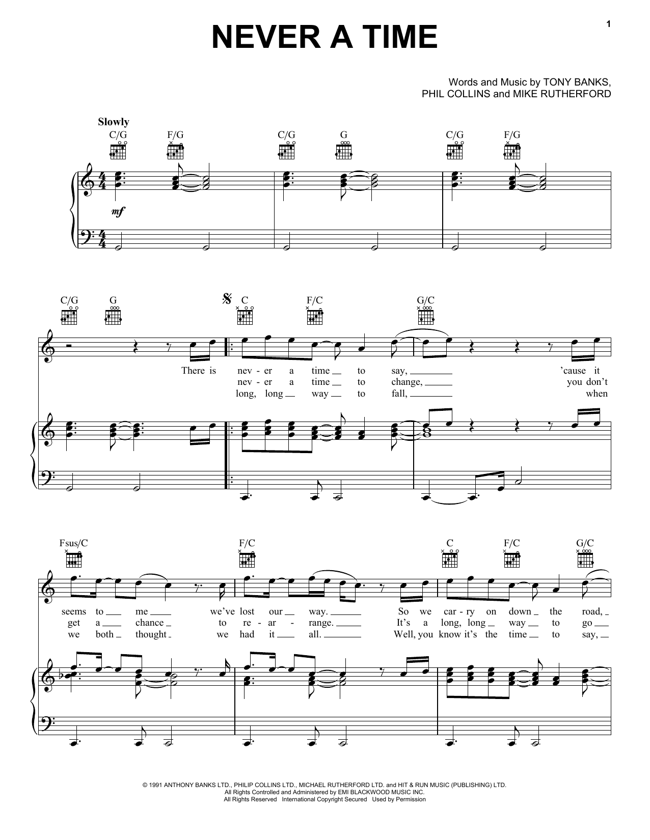 Genesis Never A Time sheet music notes and chords arranged for Piano, Vocal & Guitar Chords