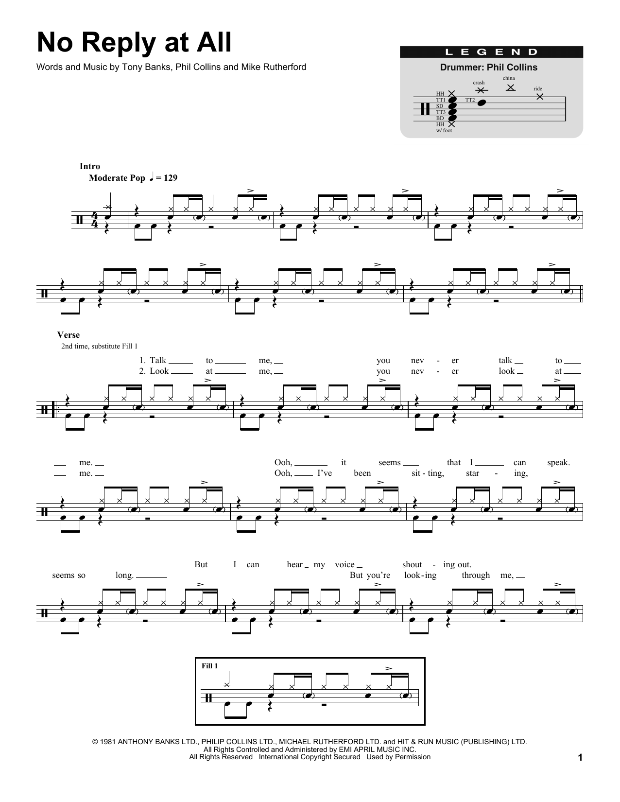 Genesis No Reply At All sheet music notes and chords. Download Printable PDF.