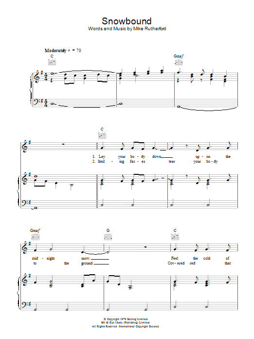 Learn to play Genesis Snowbound sheet music for Piano, Vocal & Guitar Chords in minutes. Price: 7.8900$ Genesis Snowbound sheet music notes and chords arranged for Piano, Vocal & Guitar Chords