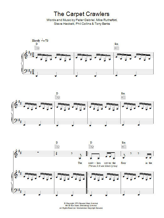 Genesis The Carpet Crawlers sheet music notes and chords. Download Printable PDF.