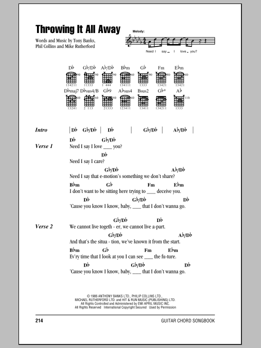 Genesis Throwing It All Away sheet music notes and chords. Download Printable PDF.