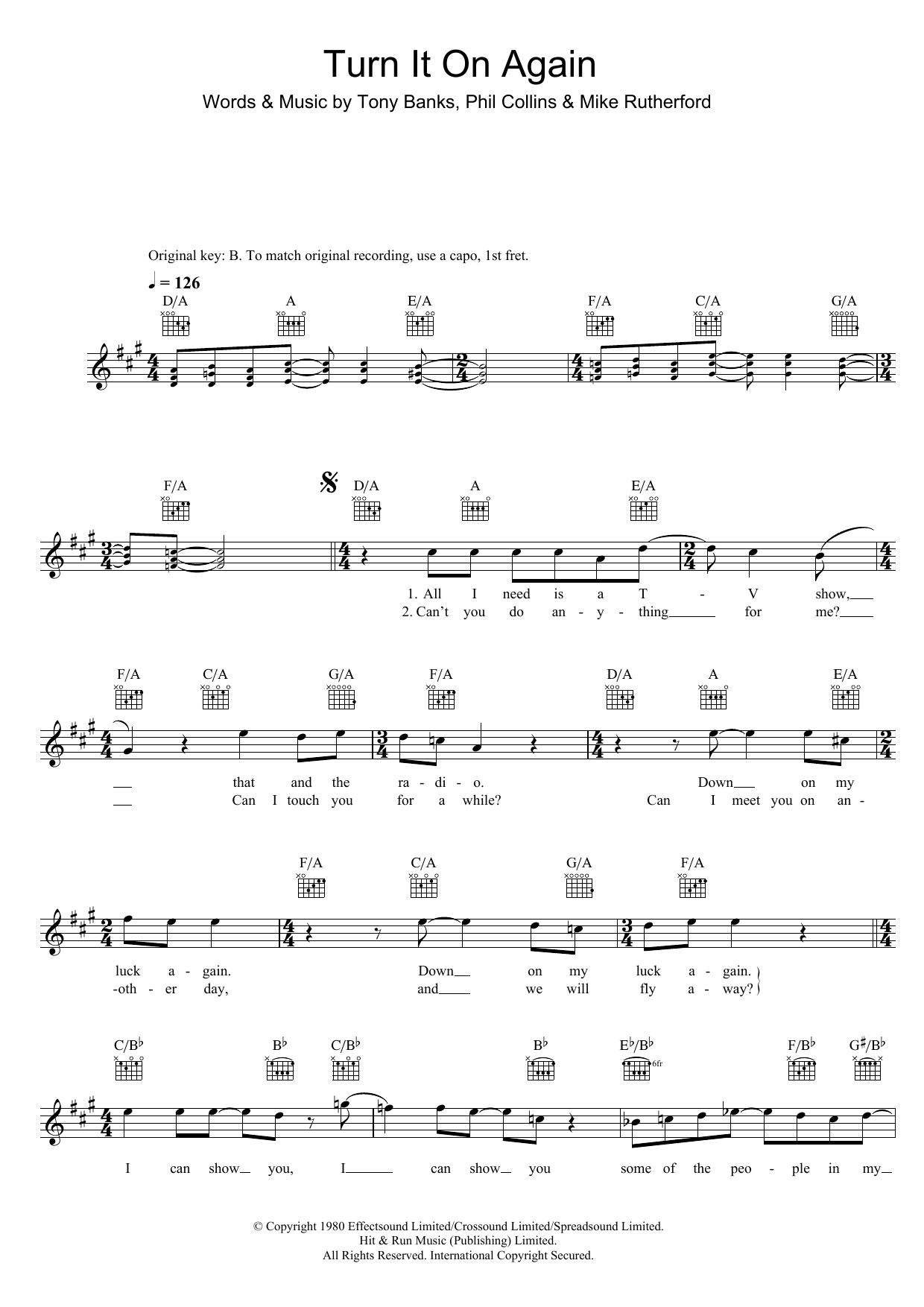 Genesis Turn It On Again sheet music notes and chords. Download Printable PDF.