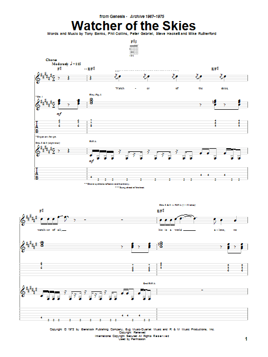 Learn to play Genesis Watcher Of The Skies sheet music for Guitar Tab in minutes. Price: 7.8900$ Genesis Watcher Of The Skies sheet music notes and chords arranged for Guitar Tab