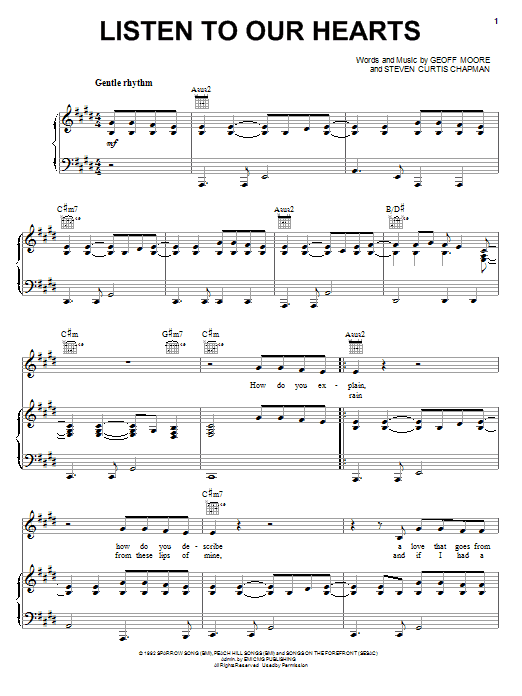 Learn to play Geoff Moore & The Distance Listen To Our Hearts sheet music for Piano, Vocal & Guitar Chords (Right-Hand Melody) in minutes. Price: 7.8900$ Geoff Moore & The Distance Listen To Our Hearts sheet music notes and chords arranged for Piano, Vocal & Guitar Chords (Right-Hand Melody)