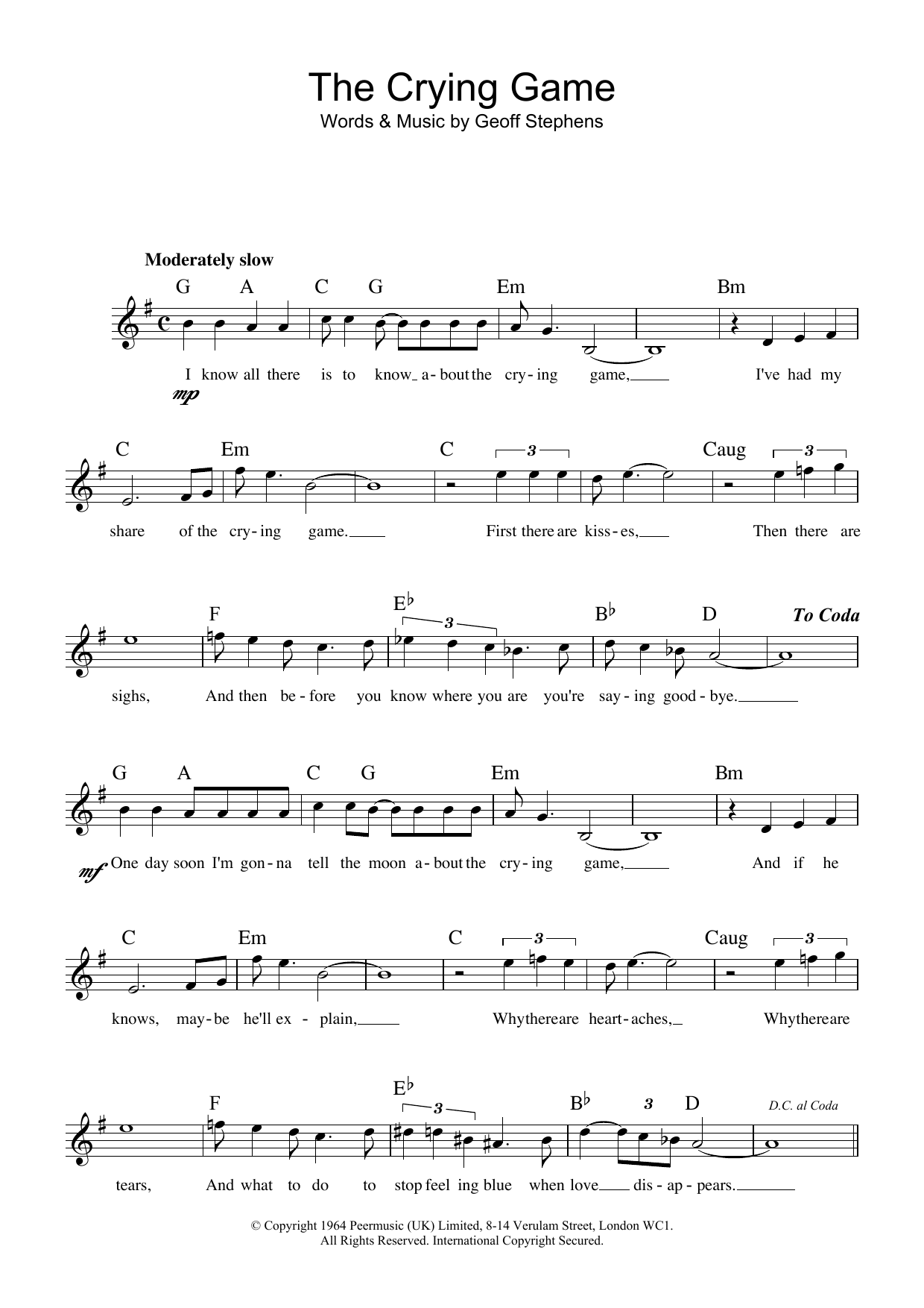 Geoff Stephens The Crying Game sheet music notes and chords. Download Printable PDF.