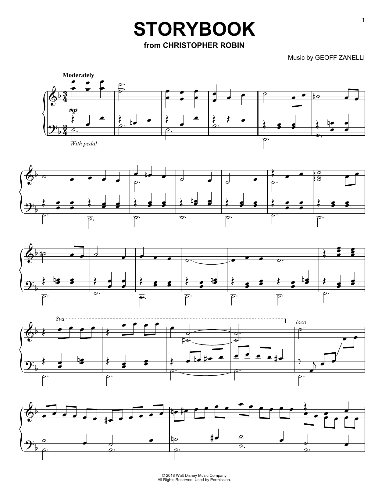 Geoff Zanelli & Jon Brion Storybook (from Christopher Robin) sheet music notes and chords. Download Printable PDF.