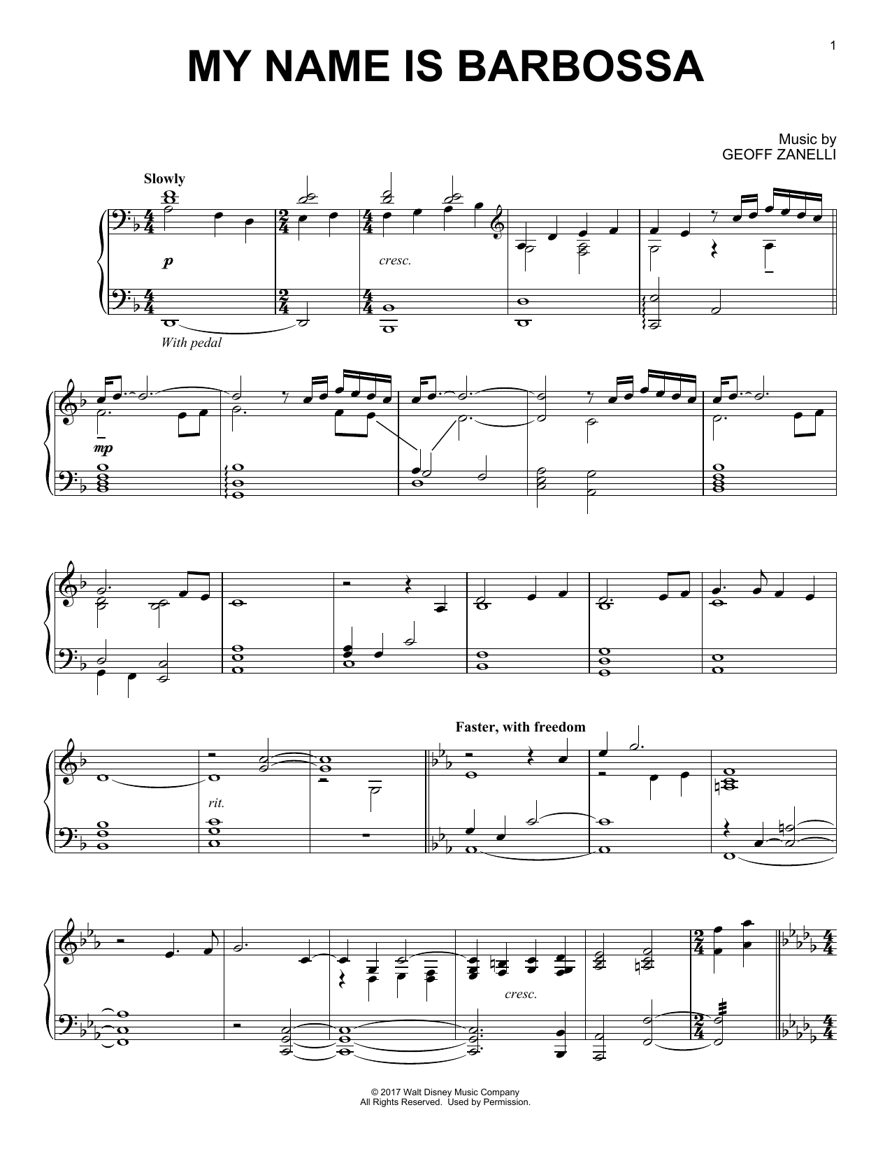 Learn to play Geoff Zanelli My Name Is Barbossa sheet music for Piano Solo in minutes. Price: 7.8900$ Geoff Zanelli My Name Is Barbossa sheet music notes and chords arranged for Piano Solo