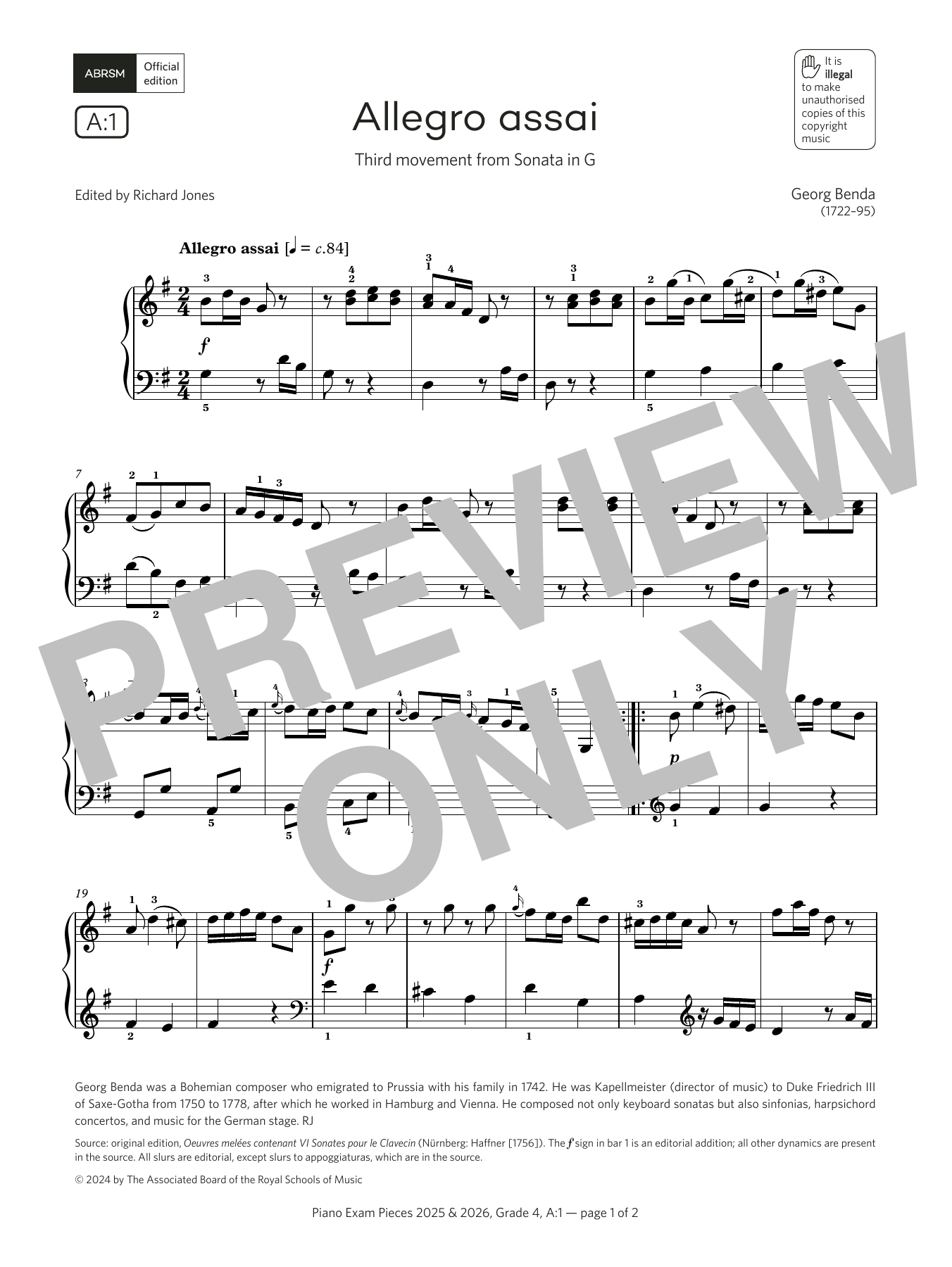 Georg Benda Allegro assai (Grade 4, list A1, from the ABRSM Piano Syllabus 2025 & 2026) sheet music notes and chords. Download Printable PDF.