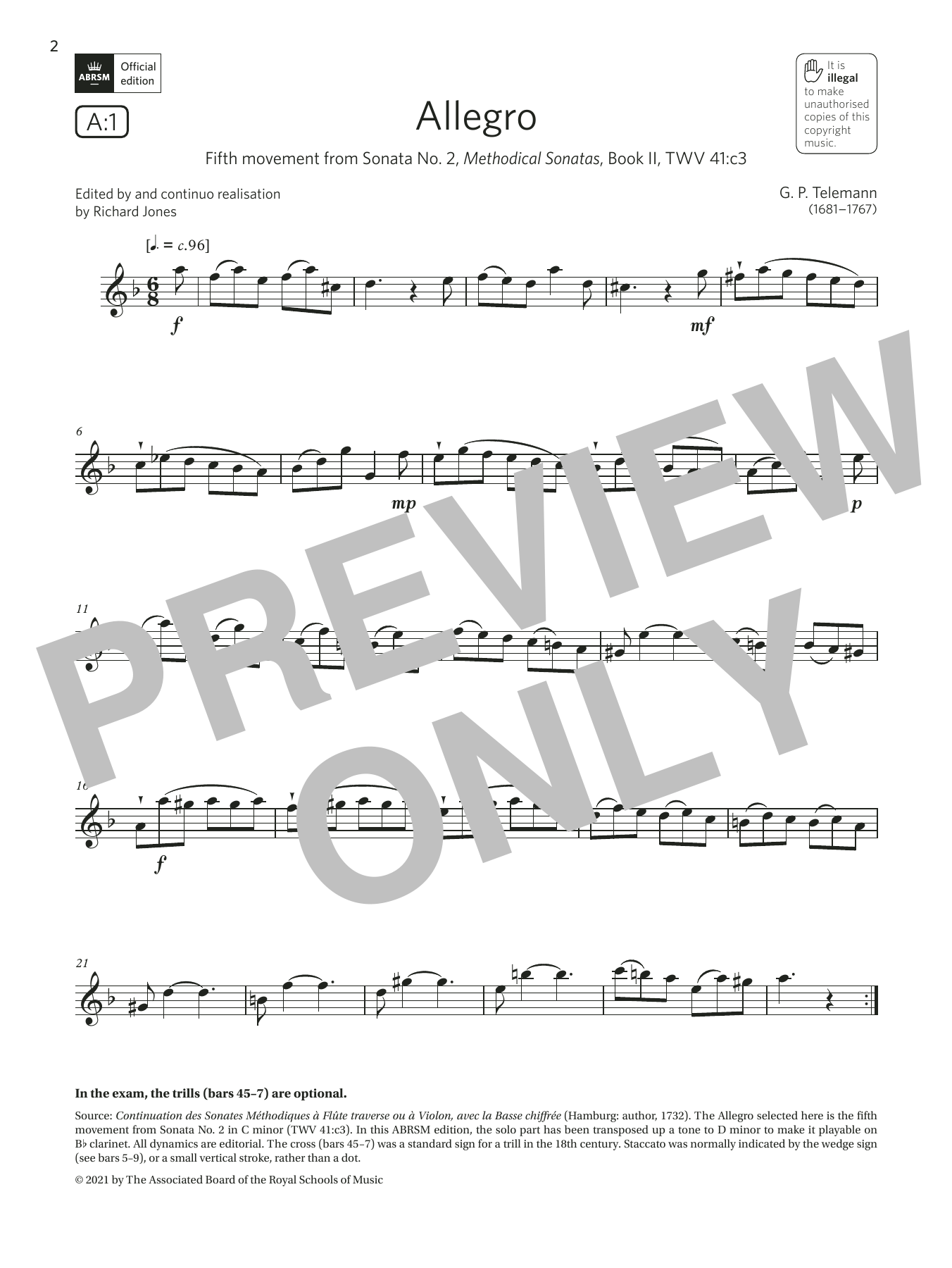 Georg Philipp Telemann Allegro (from Sonata No. 2) (Grade 4 List A1 from the ABRSM Clarinet syllabus from 2022) sheet music notes and chords. Download Printable PDF.