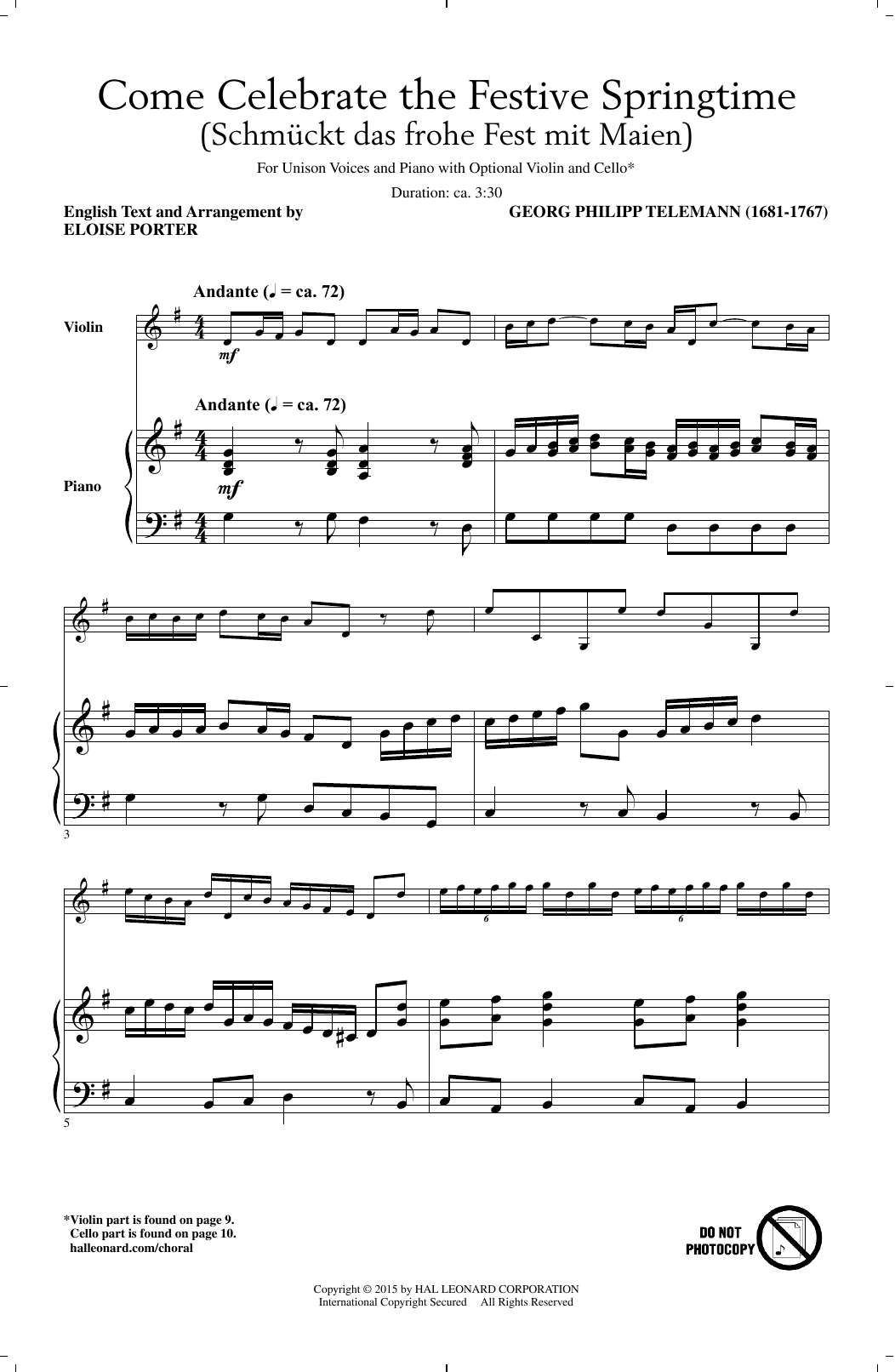 Learn to play Georg Philipp Telemann Come Celebrate The Festive Springtime (arr. Eloise Porter) sheet music for Unison Choir in minutes. Price: 3.9900$ Georg Philipp Telemann Come Celebrate The Festive Springtime (arr. Eloise Porter) sheet music notes and chords arranged for Unison Choir