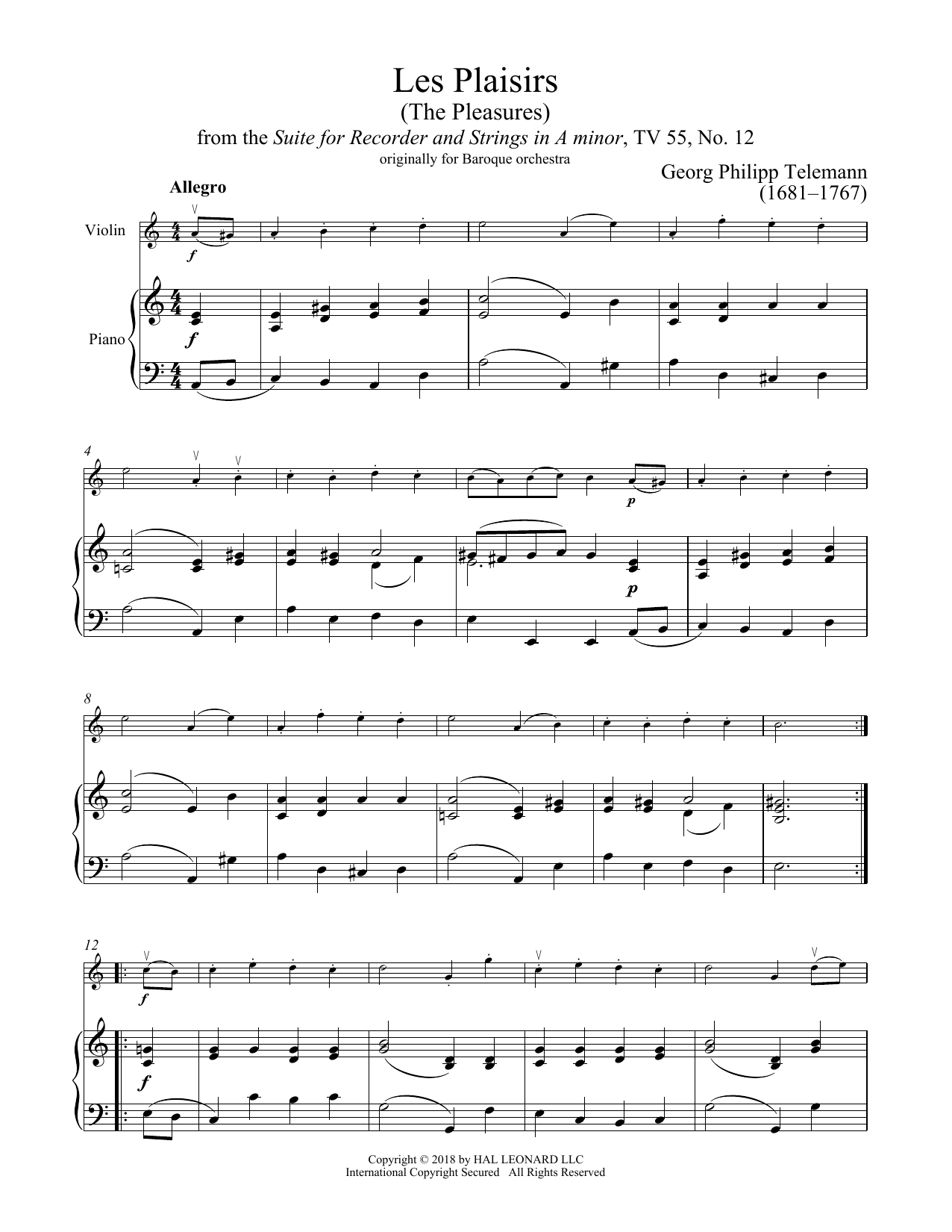 Learn to play Georg Philipp Telemann Les Plaisirs sheet music for Violin and Piano in minutes. Price: 7.8900$ Georg Philipp Telemann Les Plaisirs sheet music notes and chords arranged for Violin and Piano