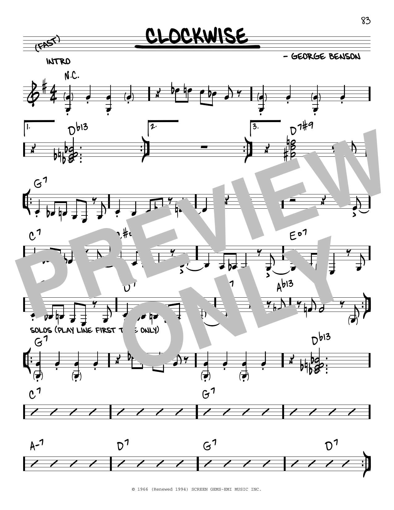 Learn to play George Benson Clockwise sheet music for Real Book – Melody & Chords in minutes. Price: 5.9900$ George Benson Clockwise sheet music notes and chords arranged for Real Book – Melody & Chords