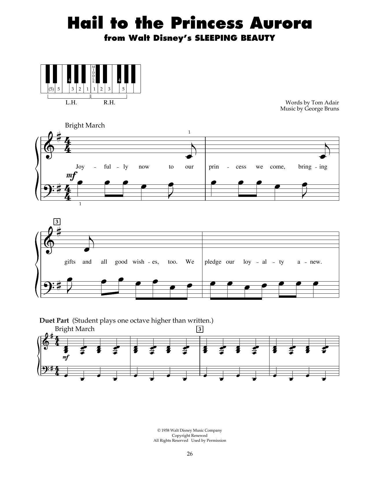 George Bruns Hail To The Princess Aurora (from Sleeping Beauty) sheet music notes and chords. Download Printable PDF.