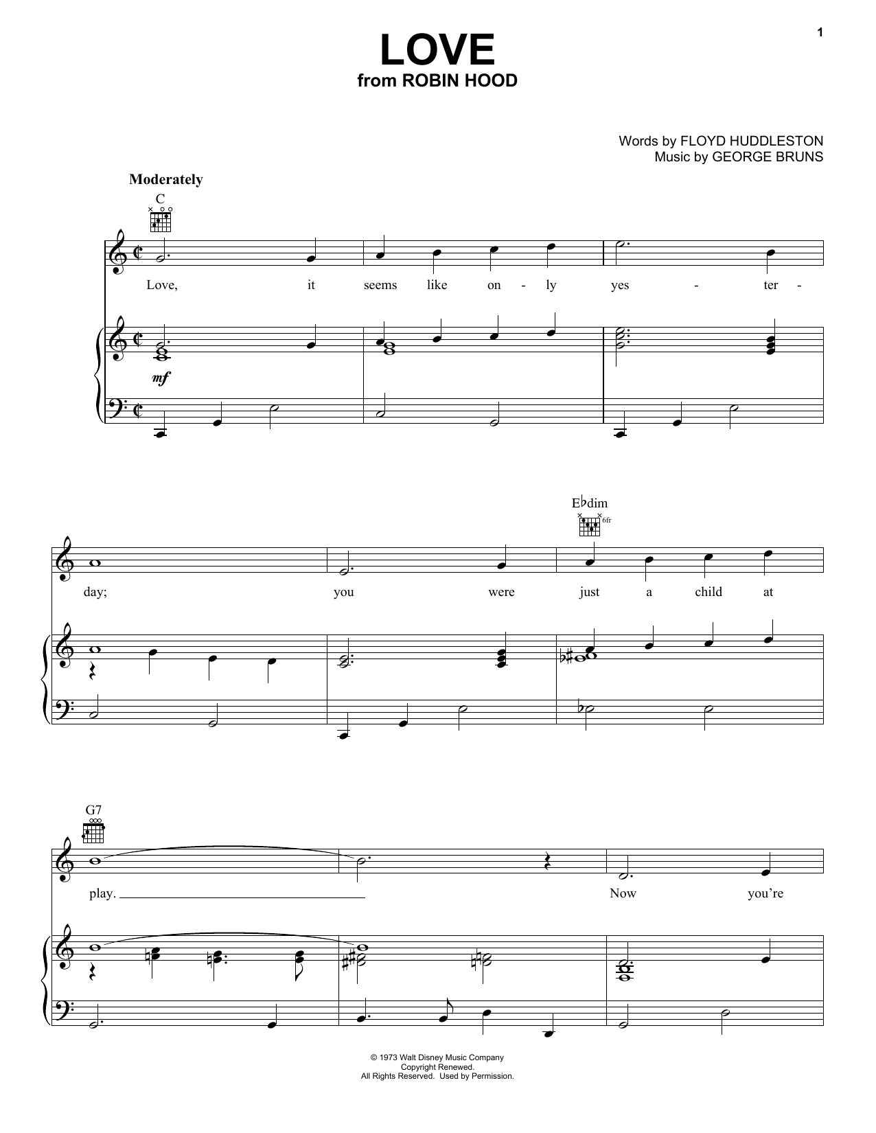 Learn to play George Bruns Love sheet music for Piano, Vocal & Guitar Chords (Right-Hand Melody) in minutes. Price: 7.8900$ George Bruns Love sheet music notes and chords arranged for Piano, Vocal & Guitar Chords (Right-Hand Melody)