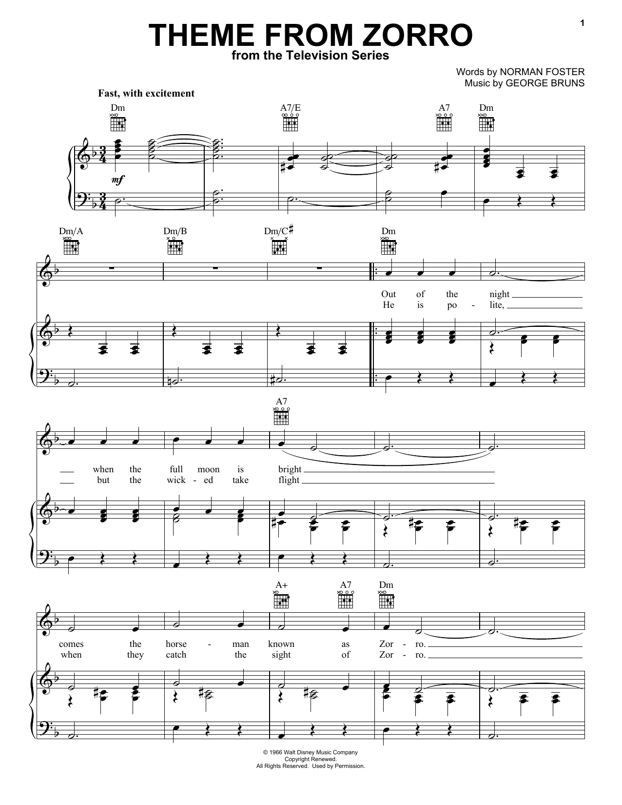 George Bruns Theme From Zorro sheet music notes and chords. Download Printable PDF.