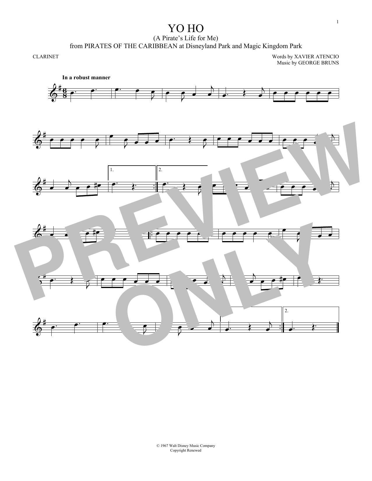 Xavier Atencio Yo Ho (A Pirate's Life For Me) sheet music notes and chords. Download Printable PDF.