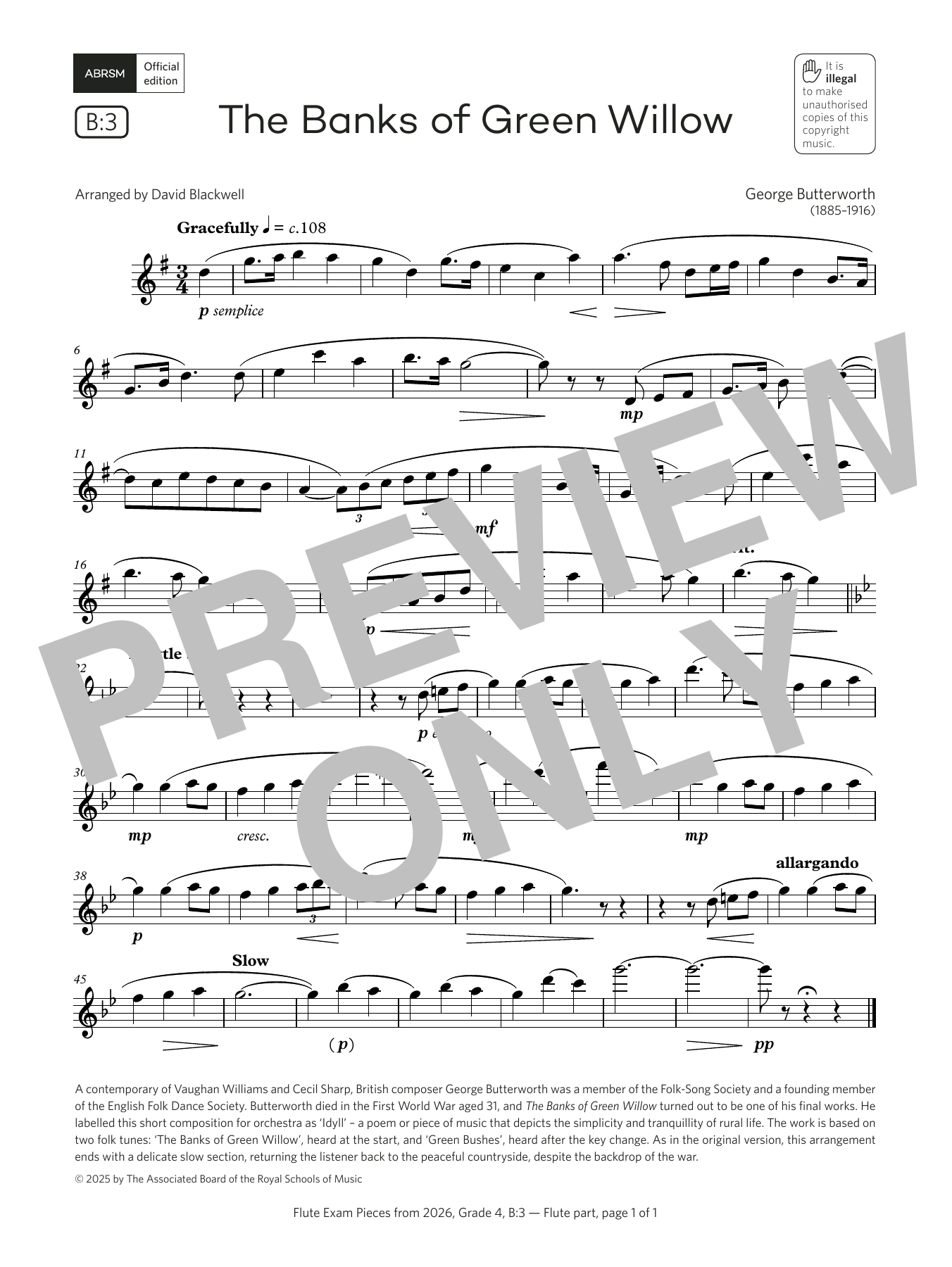 Learn to play George Butterworth The Banks of Green Willow (Grade 4, list B3, from the ABRSM Flute Syllabus from 2026) sheet music for Flute Solo in minutes. Price: 5.9900$ George Butterworth The Banks of Green Willow (Grade 4, list B3, from the ABRSM Flute Syllabus from 2026) sheet music notes and chords arranged for Flute Solo