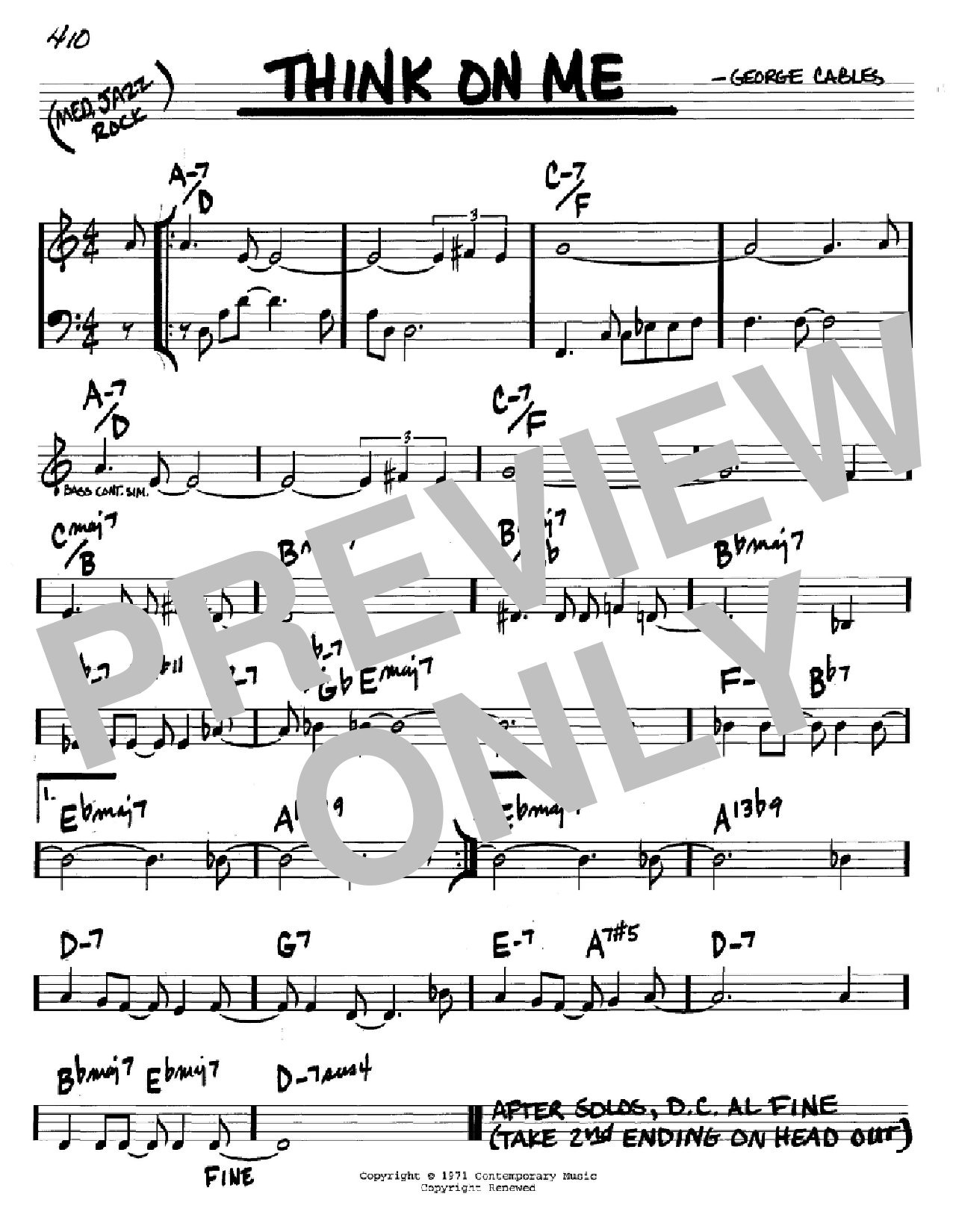 Learn to play George Cables Think On Me sheet music for Real Book – Melody & Chords – C Instruments in minutes. Price: 5.9900$ George Cables Think On Me sheet music notes and chords arranged for Real Book – Melody & Chords – C Instruments