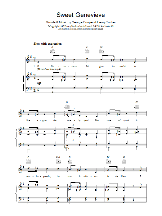 George Cooper & Henry Tucker Sweet Genevieve sheet music notes and chords arranged for Piano, Vocal & Guitar Chords