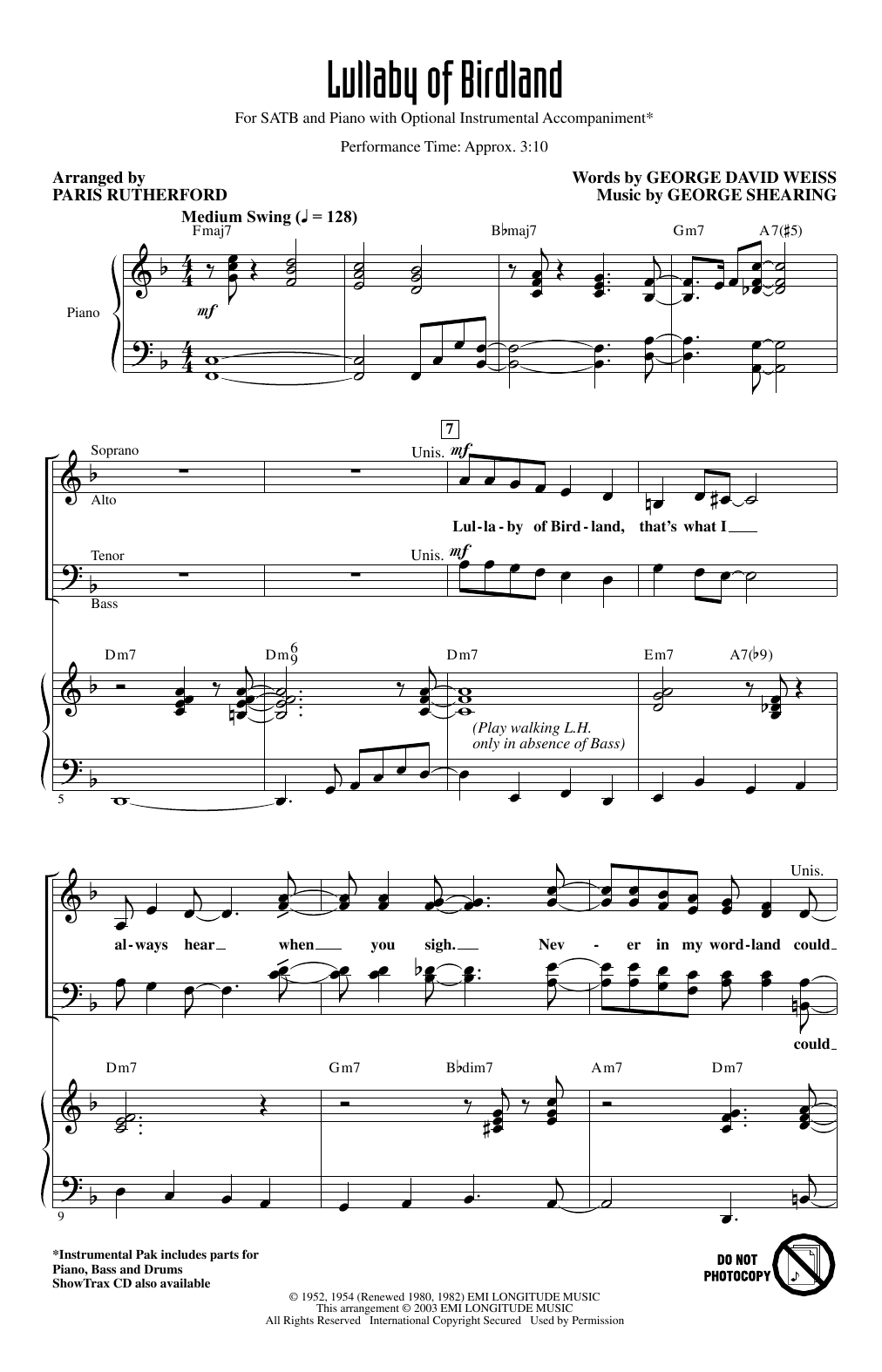 Learn to play George David Weiss and George Shearing Lullaby Of Birdland (arr. Paris Rutherford) sheet music for SATB Choir in minutes. Price: 3.9900$ George David Weiss and George Shearing Lullaby Of Birdland (arr. Paris Rutherford) sheet music notes and chords arranged for SATB Choir
