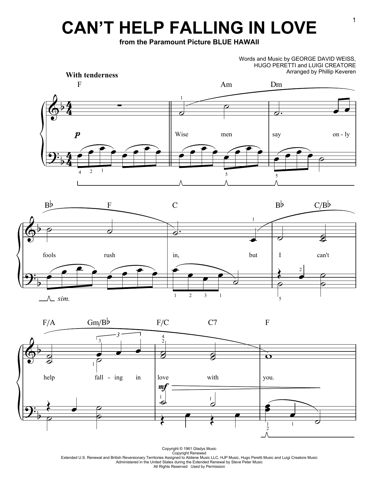 Phillip Keveren Can't Help Falling In Love sheet music notes and chords. Download Printable PDF.