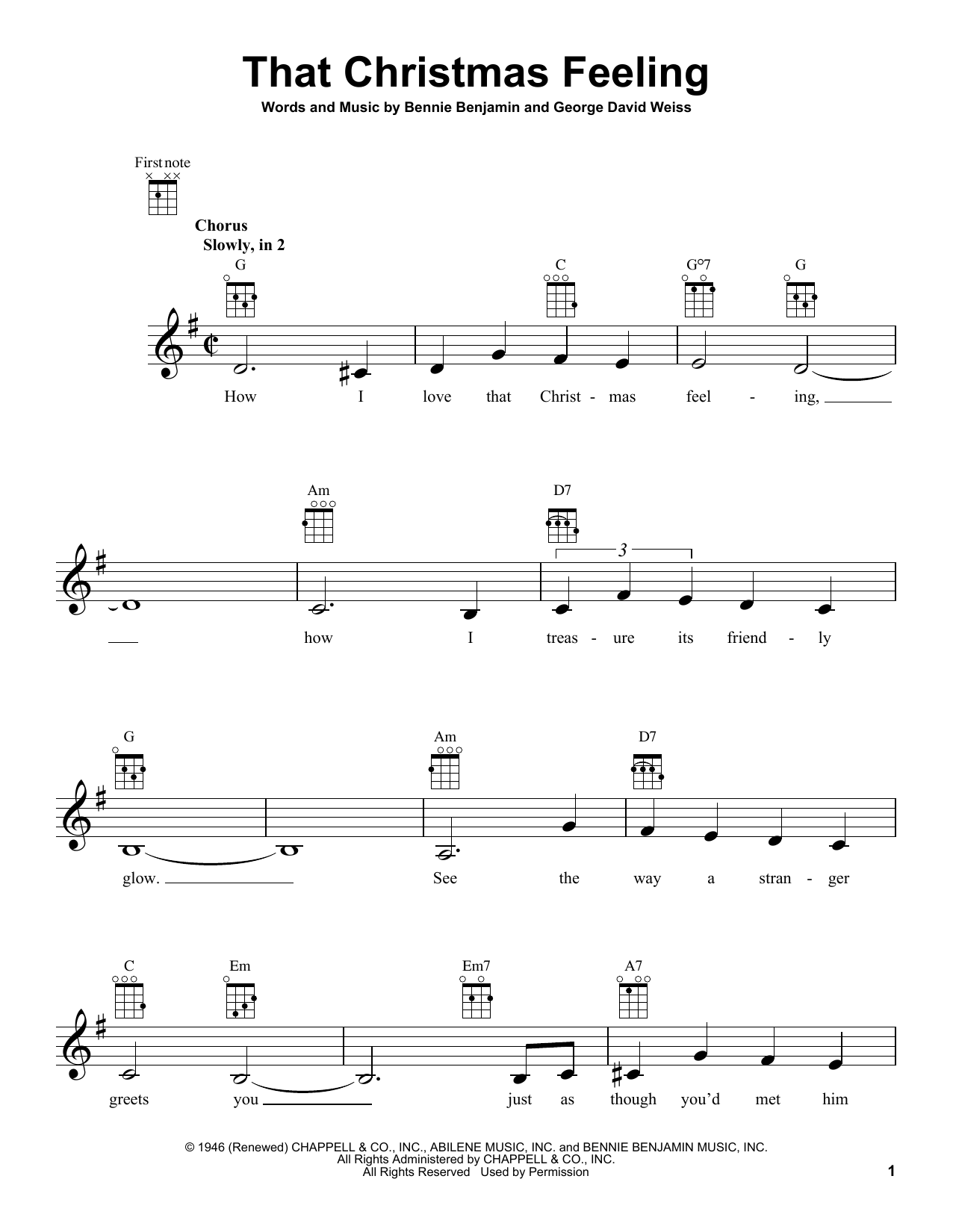 Learn to play George David Weiss That Christmas Feeling sheet music for Ukulele in minutes. Price: 5.9900$ George David Weiss That Christmas Feeling sheet music notes and chords arranged for Ukulele