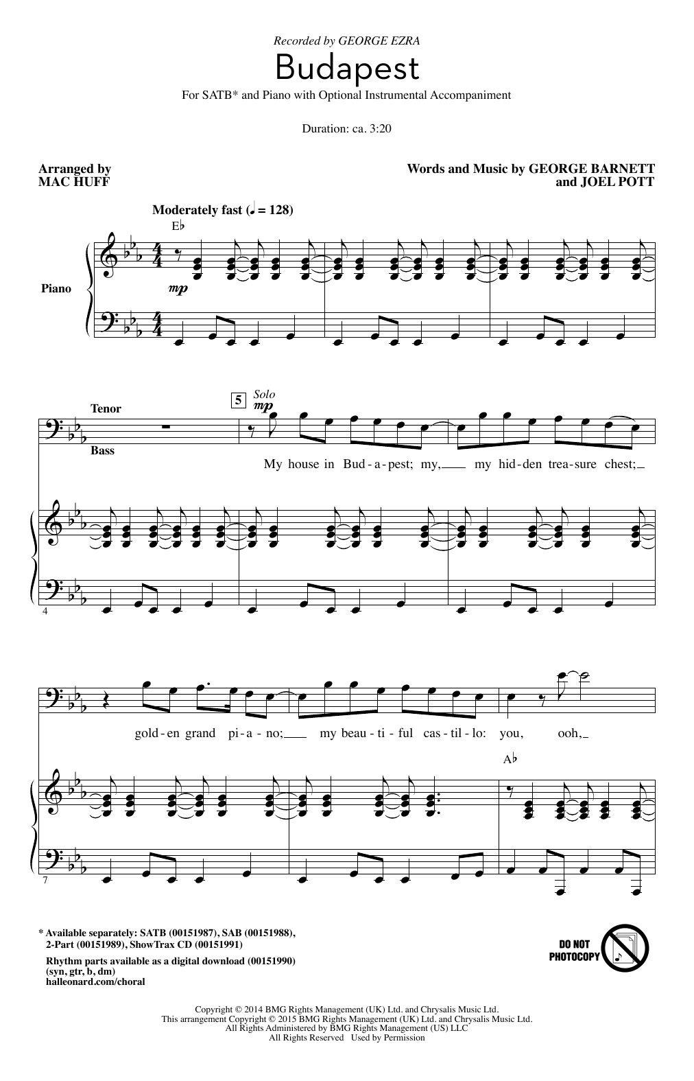 George Ezra Budapest (arr. Mac Huff) sheet music notes and chords. Download Printable PDF.