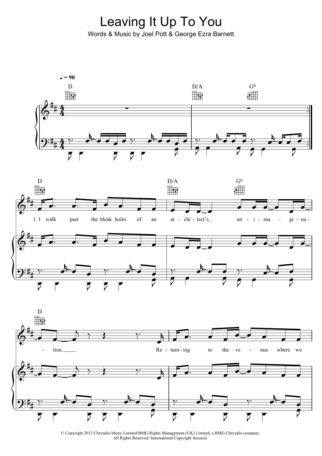 Learn to play George Ezra Leaving It Up To You sheet music for Piano, Vocal & Guitar Chords in minutes. Price: 7.8900$ George Ezra Leaving It Up To You sheet music notes and chords arranged for Piano, Vocal & Guitar Chords